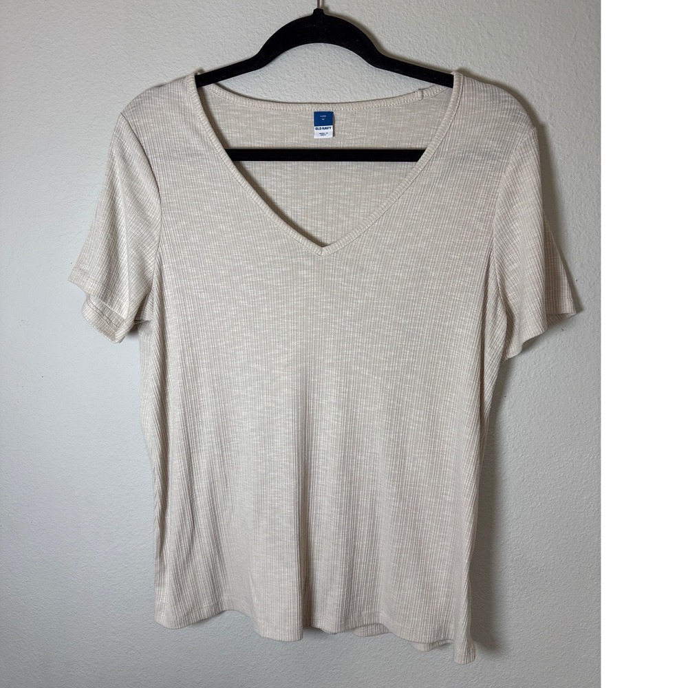 Old Navy Luxe Womens V Neck Ribbed Short Sleeve Tee Shirt Oatmeal Cream Size M